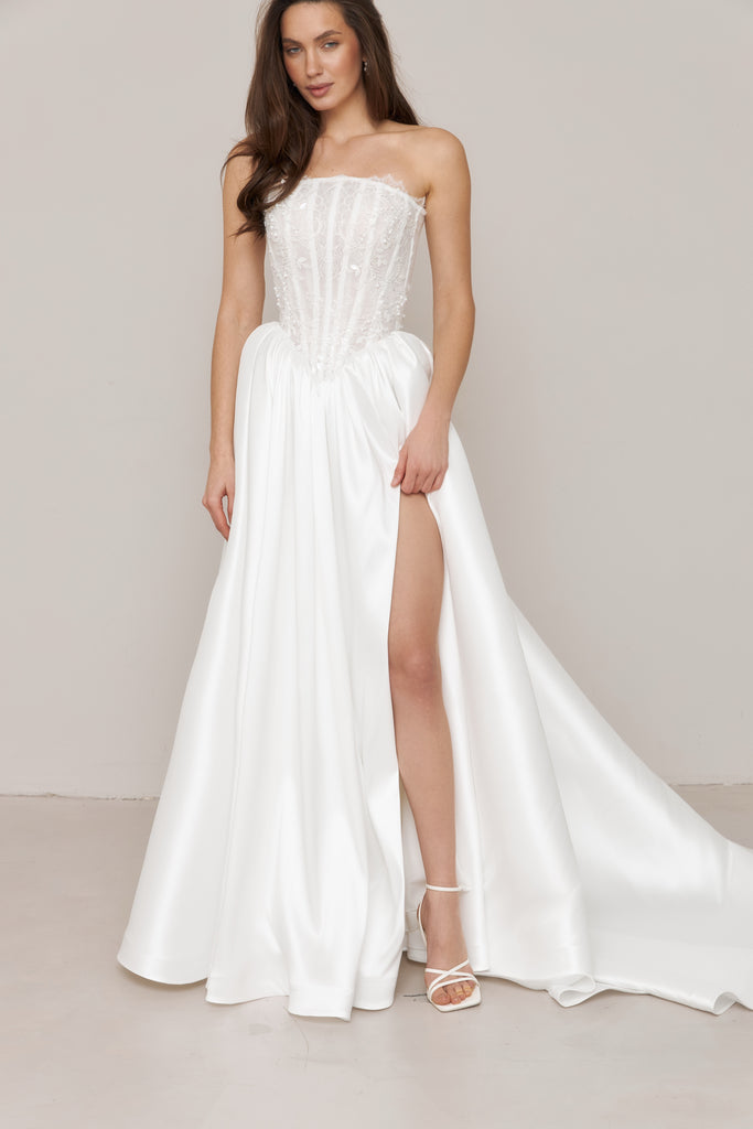 Basque Waist Wedding Dress, Slit Bridal Gown, Antoinette- Monica Dress Off-White / 16