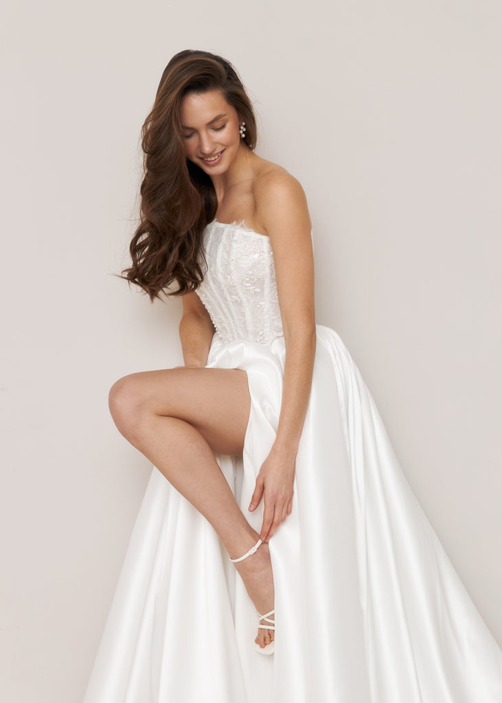 slim fit dress slacks Basque Waist Wedding Dress, Slit Bridal Gown, Antoinette- Monica Dress Off-White / 16