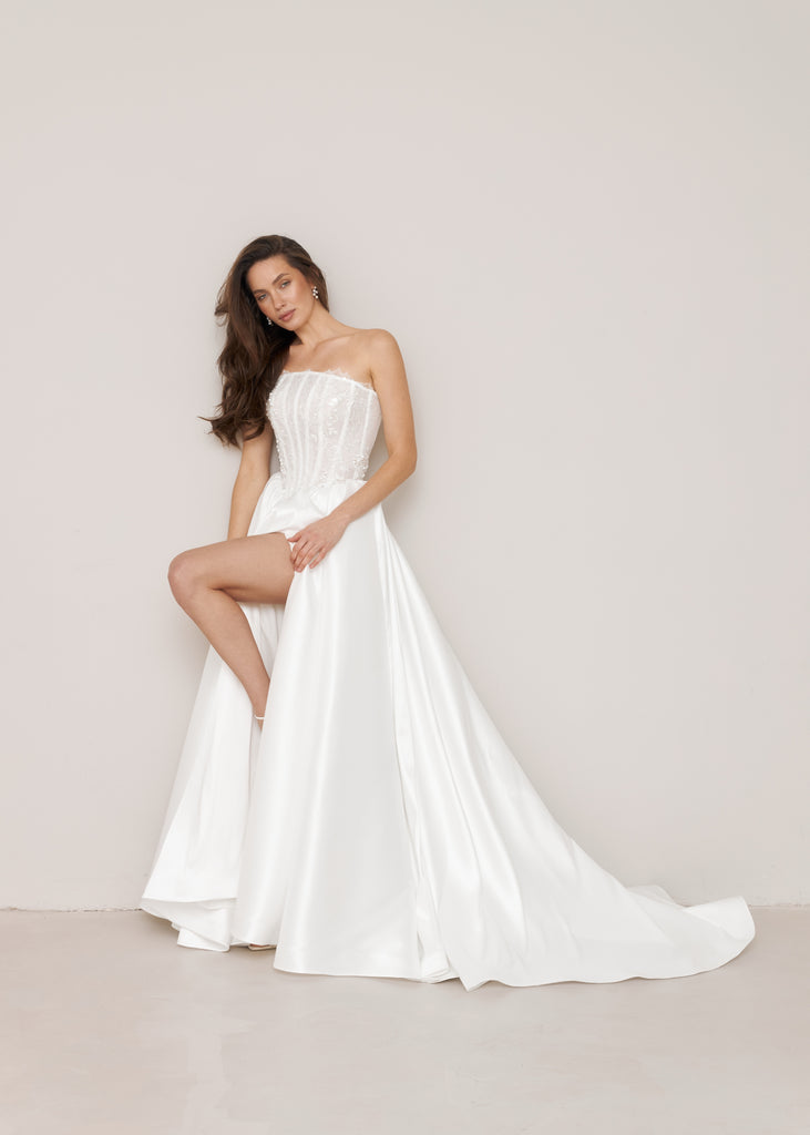 simple elegant a line wedding dresses Basque Waist Wedding Dress, Slit Bridal Gown, Antoinette- Monica Dress Off-white / 16 main image 0