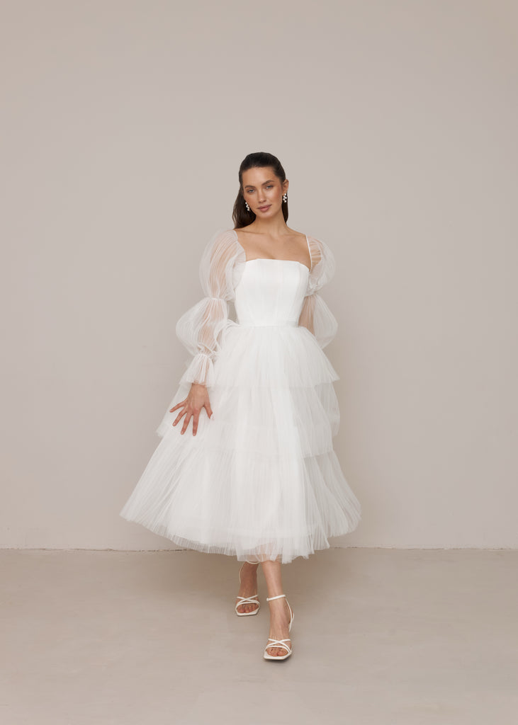 midi wedding dresses Simple Strapless Sleeveless Satin Sheath Midi Wedding Dress With Slit –  formalgowns main image 0