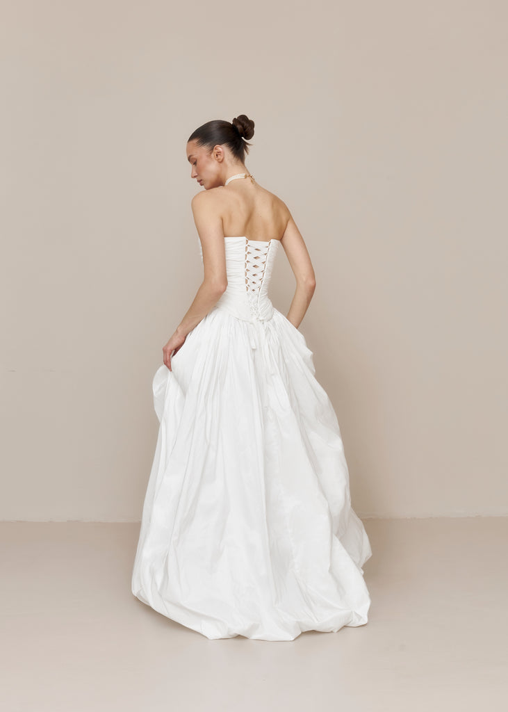 two piece corset wedding dress Two-piece Satin Bridal Separates Basque Waist Bustier Top + Skirt Drop Waist 2-piece Wedding Dress LEIGHTON&NADINE easy to move in Minimalist Two-piece Wedding Dress Modern