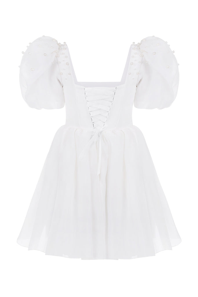 white organza puff sleeve mini dress Amanda Uprichard Lalita Organza Puff-Sleeve Mini Dress