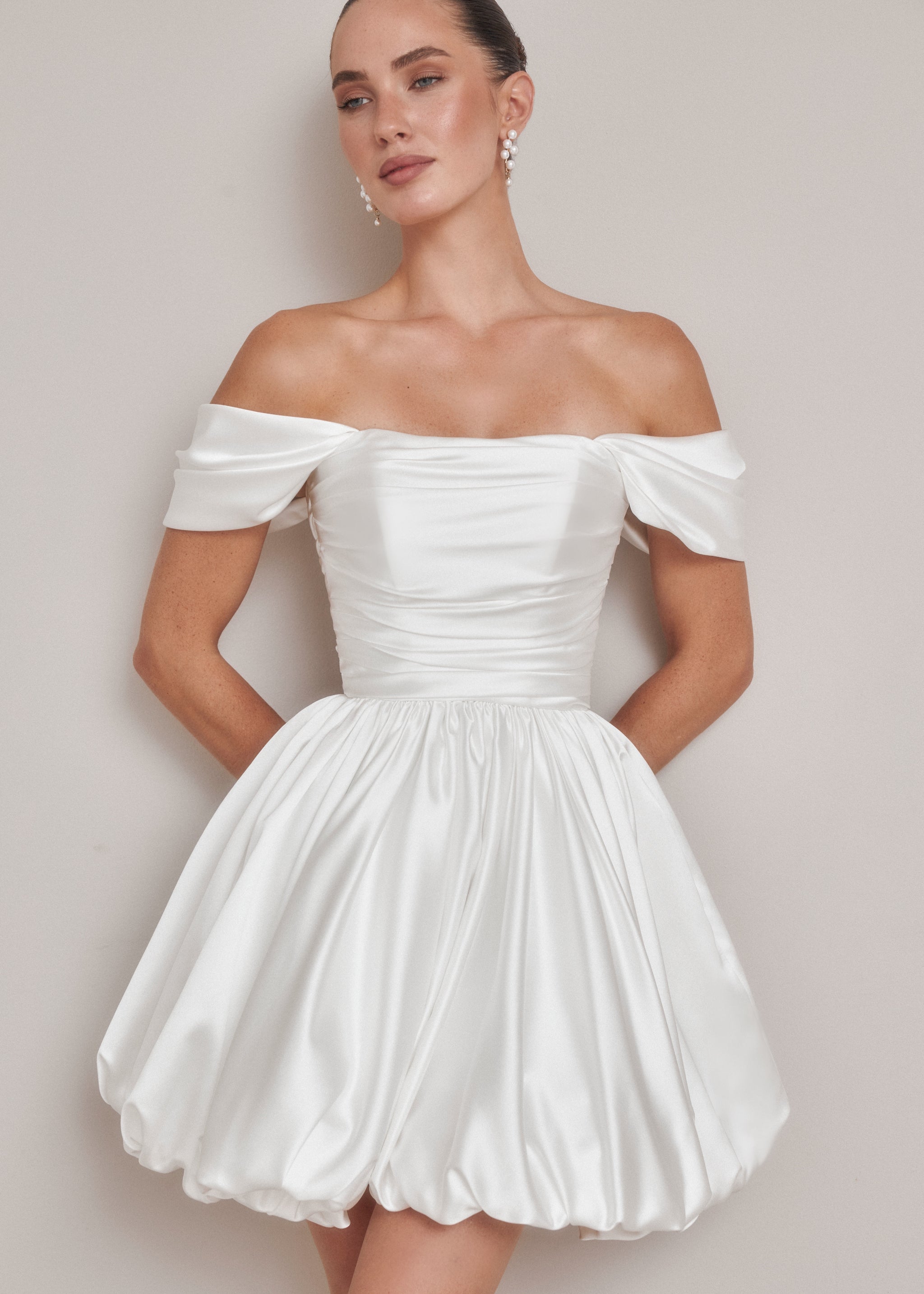 sachin and babi light blue dress Vintage / Retro Ivory Satin Winter Wedding Dresses 2019 Ball Gown  Off-The-Shoulder Short Sleeve Backless Bow Cathedral Train Ruffle main image 0