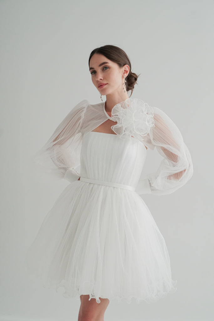 short wedding dress with bolero Sparkle Mini Bridal Dress with Elegant Off-the-Shoulder Bolero and Train Vanilla (Photo) / Made to Measure
