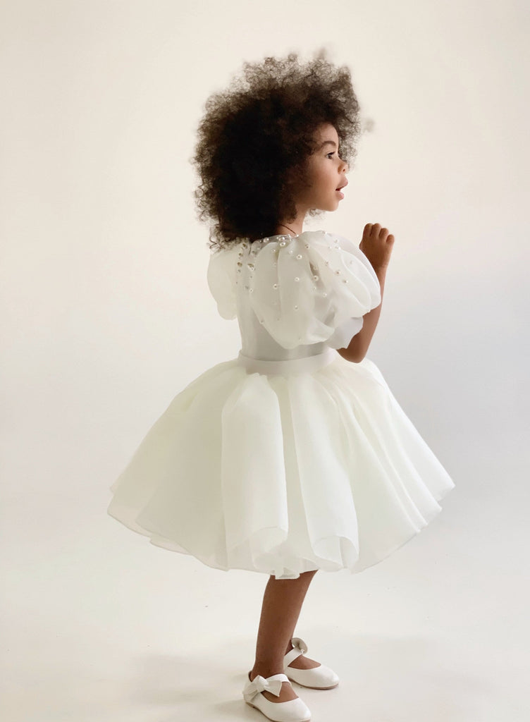 Peggi Dress, Flowers girls dress, Ivory Organza dress decorated pearls, Dress for girls