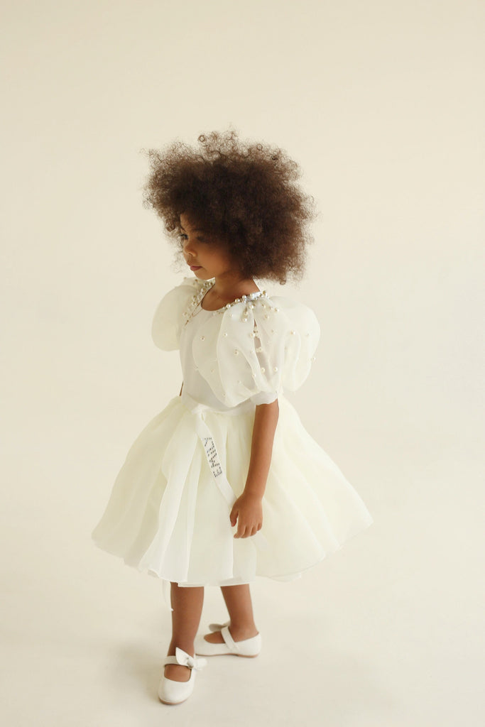 Peggi Dress, Flowers girls dress, Ivory Organza dress decorated pearls, Dress for girls