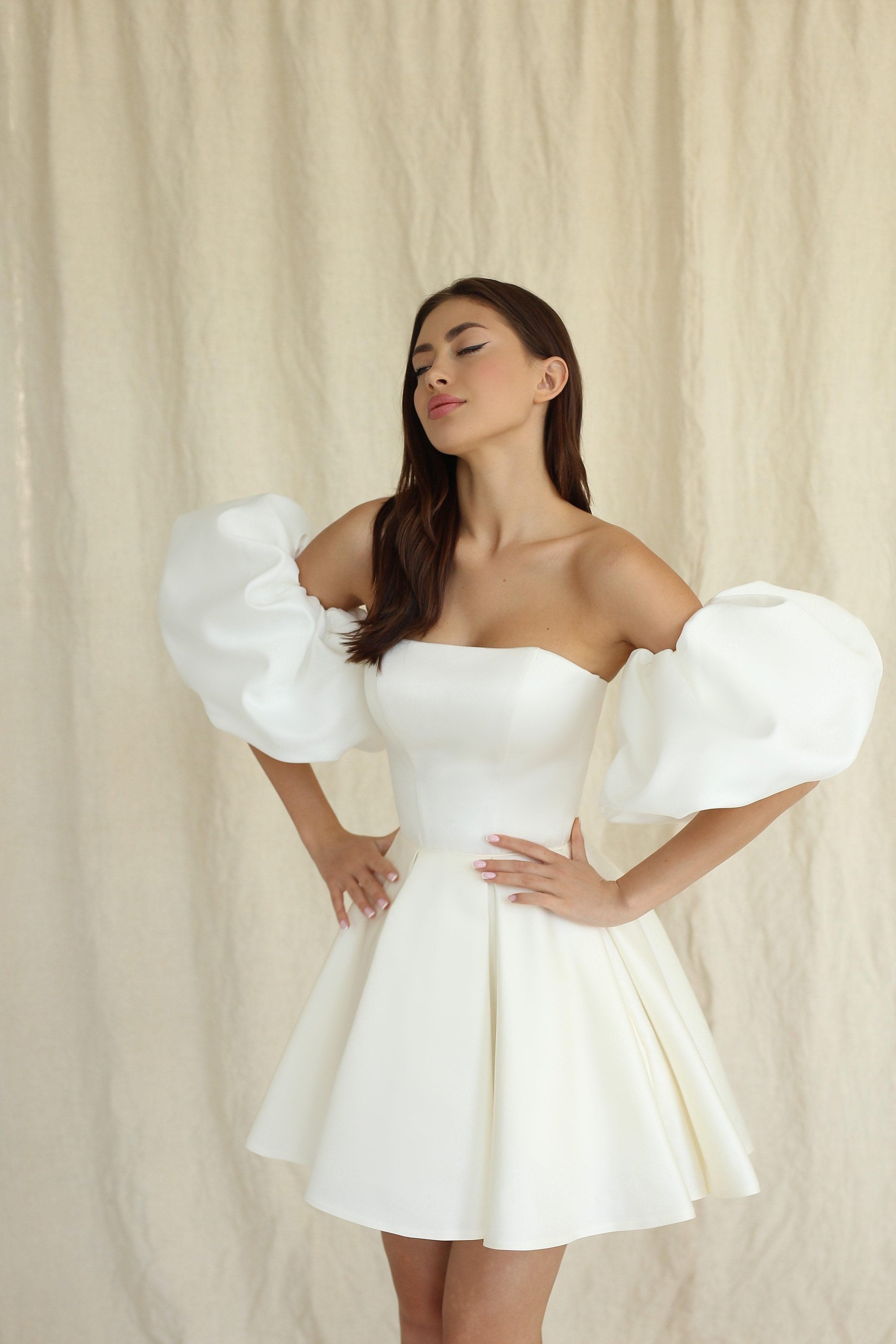 Simple Short Wedding Dress with Sleeves , Emily Dress Off-white / 8 Simple Short Wedding Dress with Sleeves , Emily Dress Off-white / 8