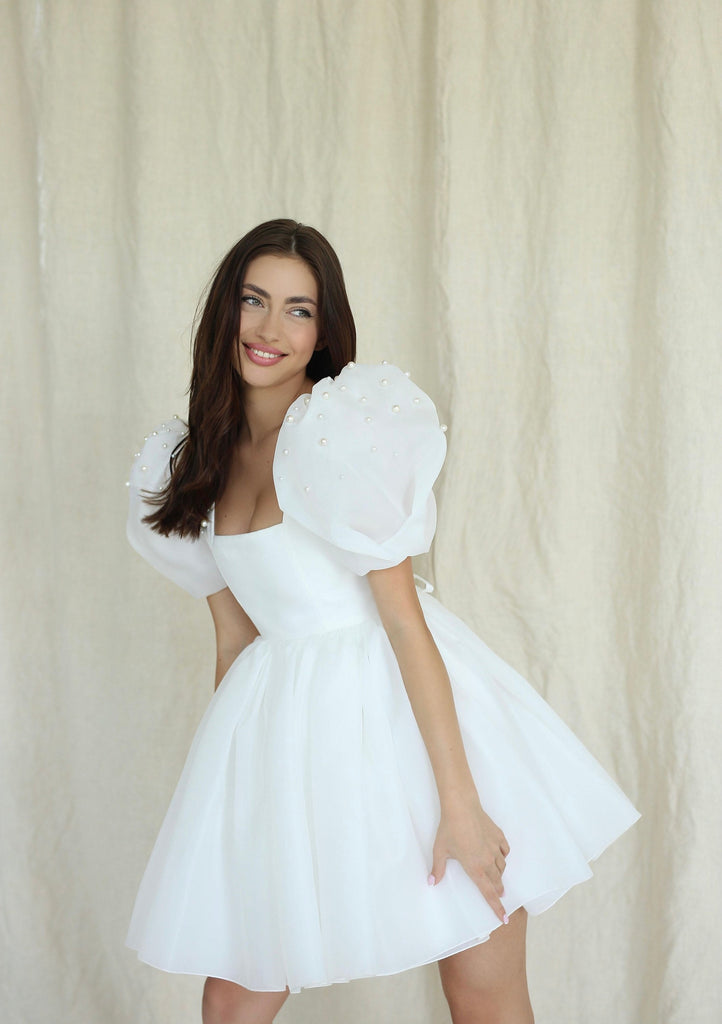 puff sleeve mini wedding dress Short Wedding Dress with Puff Sleeves Bridal Reception Sparkly Mini Boom Blush