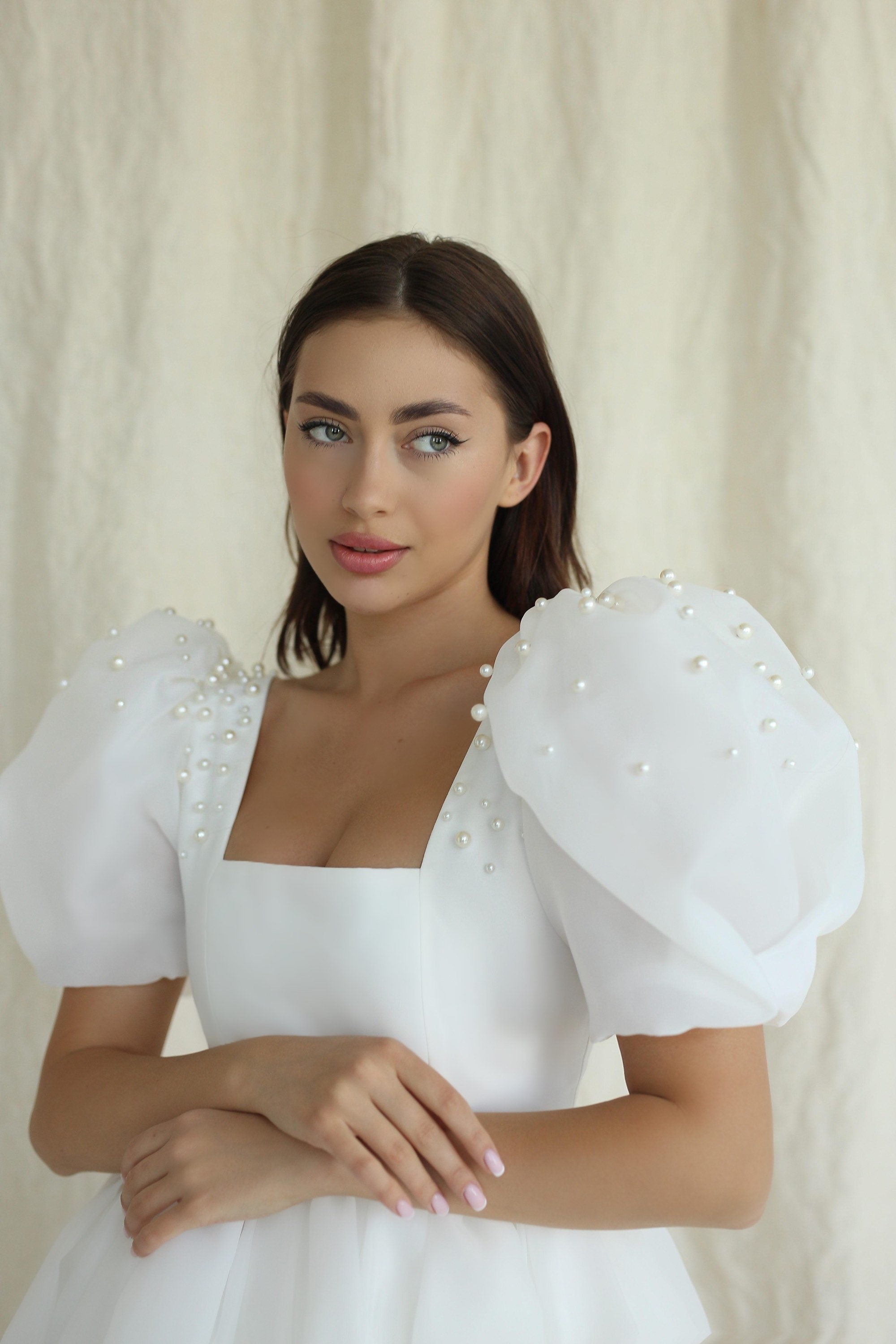 Short Wedding Dress, Organza Puff Sleeves Dress, Peggi Dress Off-White / 16 Short Wedding Dress, Organza Puff Sleeves Dress, Peggi Dress Off-White / 16