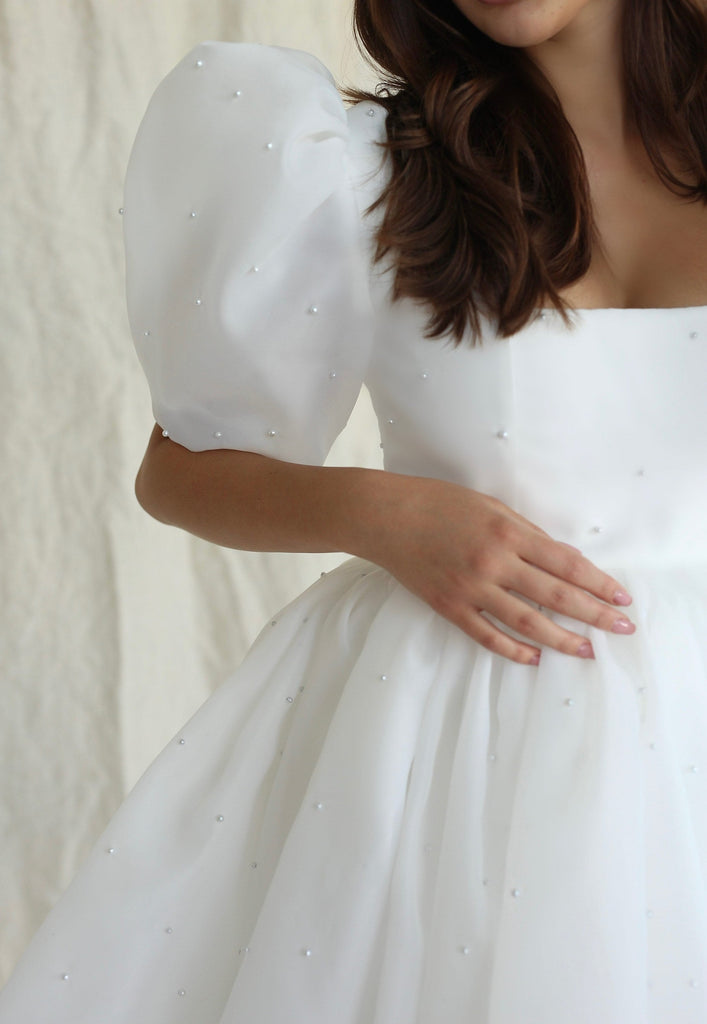 mini dress wedding gowns Simple Strapless Short Mini Wedding Gown with Detachable Sleeves and Overskirt