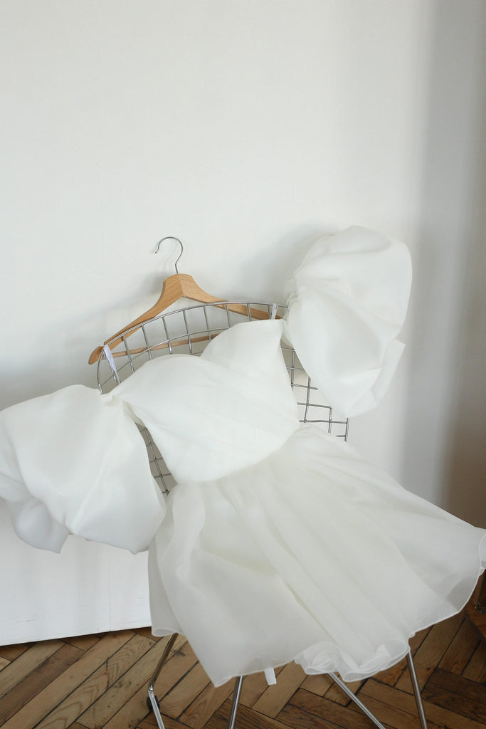 Karen Short wedding dress, Mini bridal dress, Second wedding dress, Rehearsal dinner dress, Reception Dress, Organza Puff Sleeves Dress