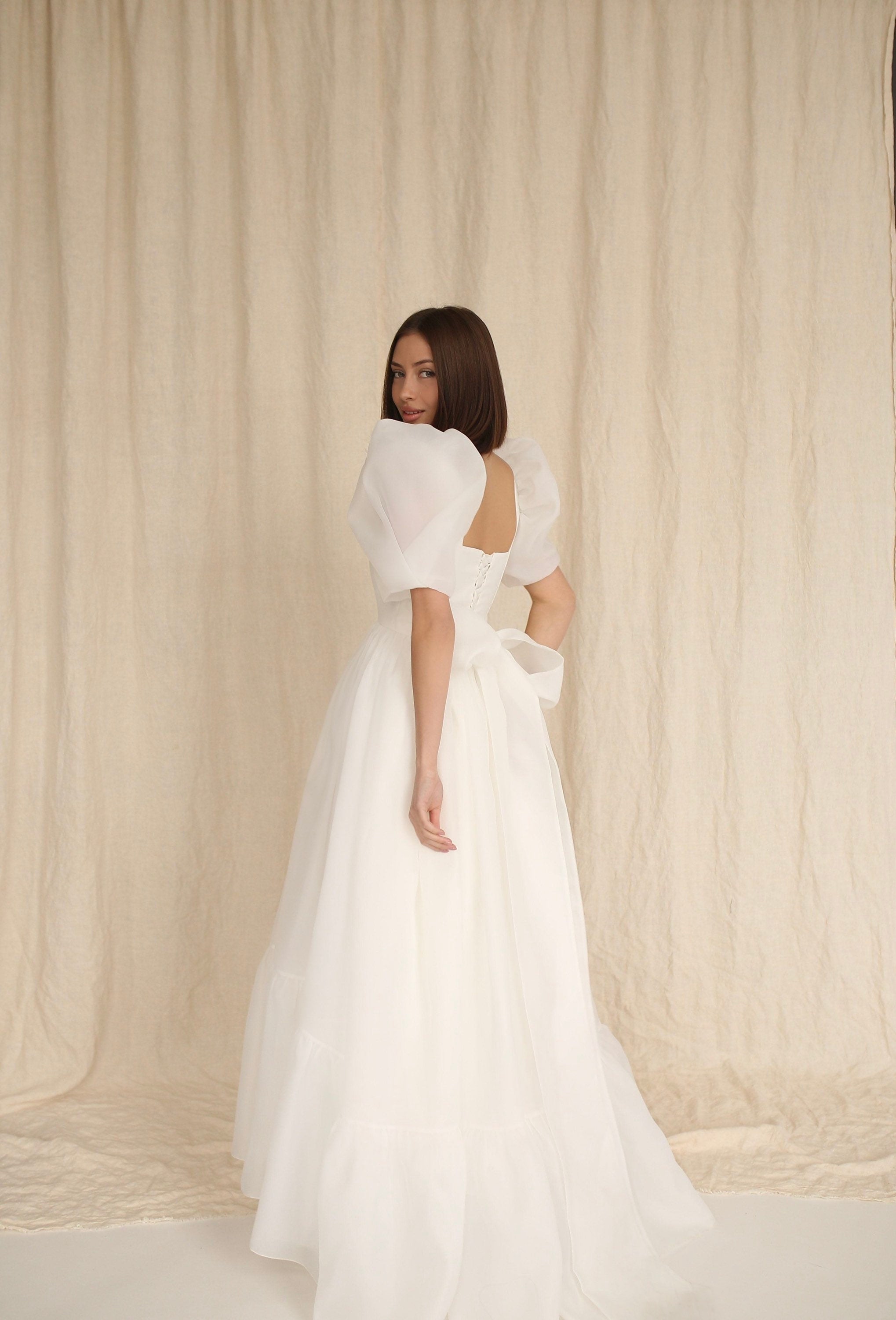 organza puff sleeve wedding dress Organza A-Line Wedding Dress with Detachable Puff Sleeves and Lace Details