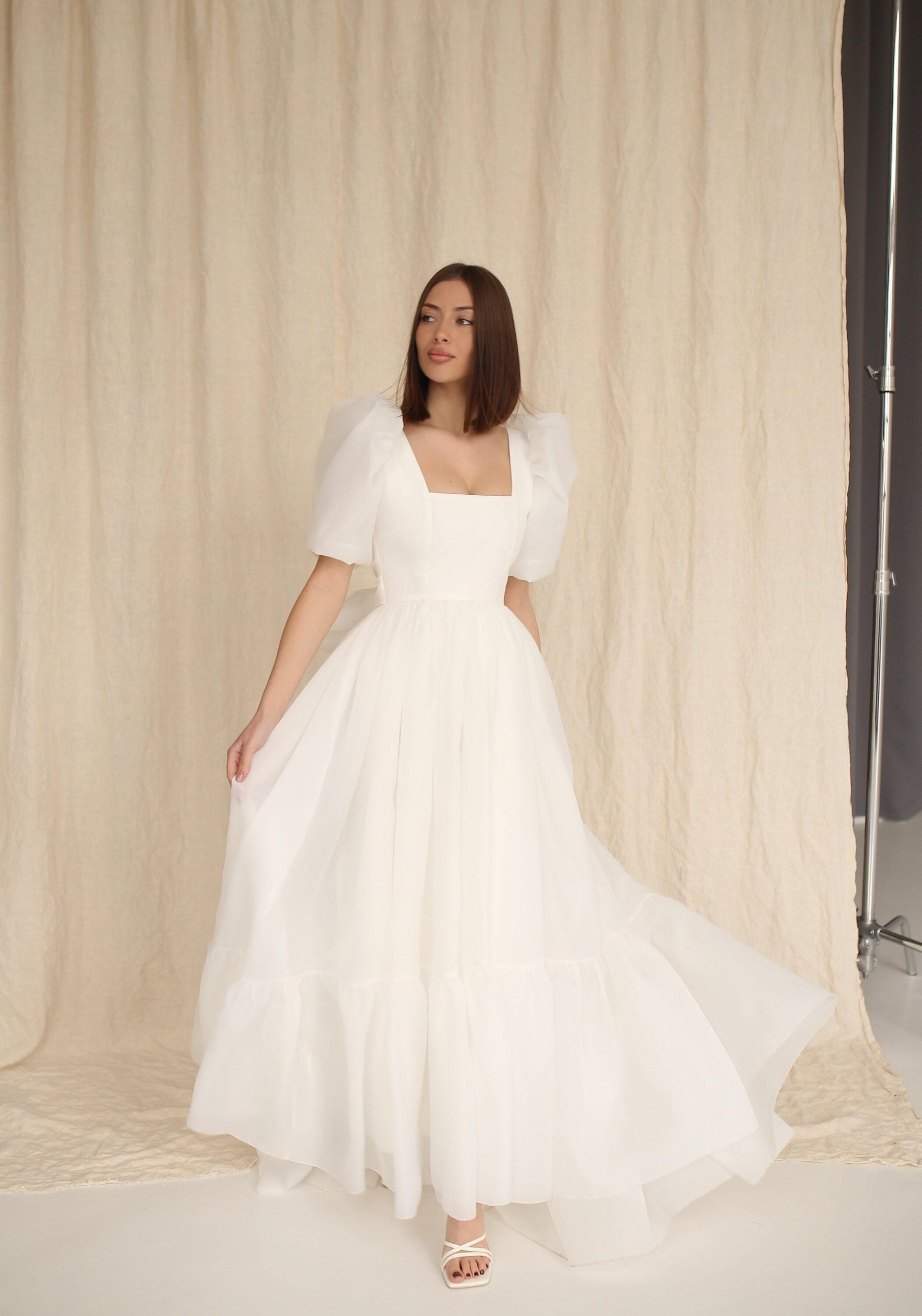 long sleeve organza wedding dress Organza A-Line Wedding Dress with a Removable Sleeve EU44