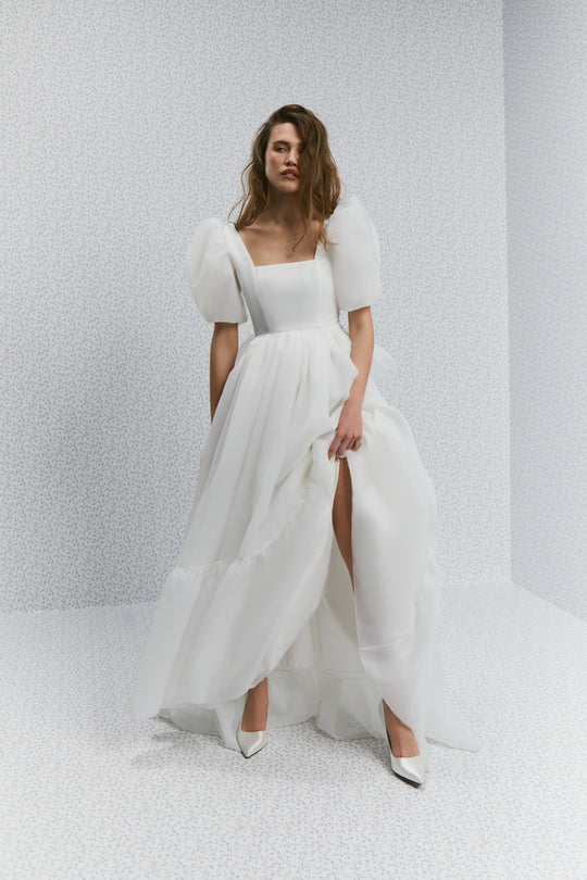Maria long organza wedding dress, Second wedding dress, Engagement dress, Elopement shoot, Organza wedding dress with puff sleeves