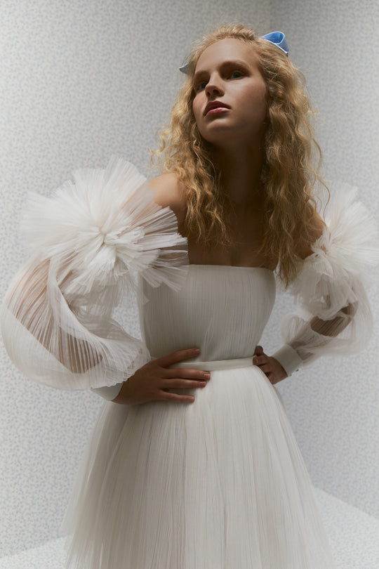 Patty Dress, Short Wedding Plisse Dress with detachable long sleeves