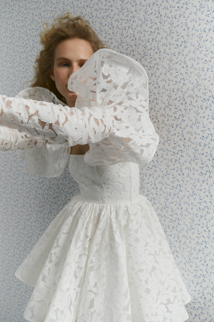 Camille dress, Jacquard Short wedding dress with detachable long sleeves