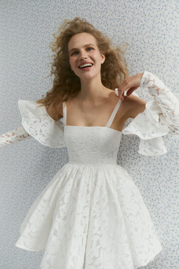 Camille dress, Jacquard Short wedding dress with detachable long sleeves