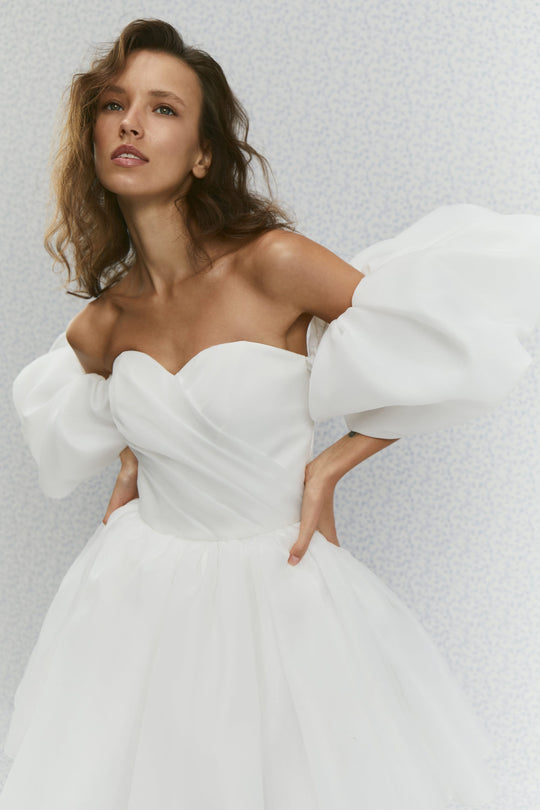 Karen Short wedding dress, Mini bridal dress, Second wedding dress, Rehearsal dinner dress, Reception Dress, Organza Puff Sleeves Dress